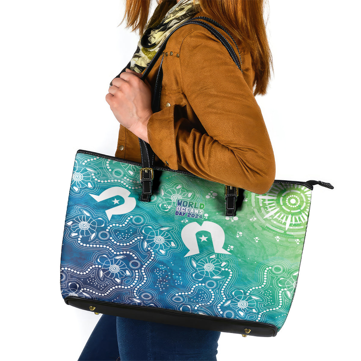 Australia Aboriginal Style Leather Tote Bag World Ocean Day