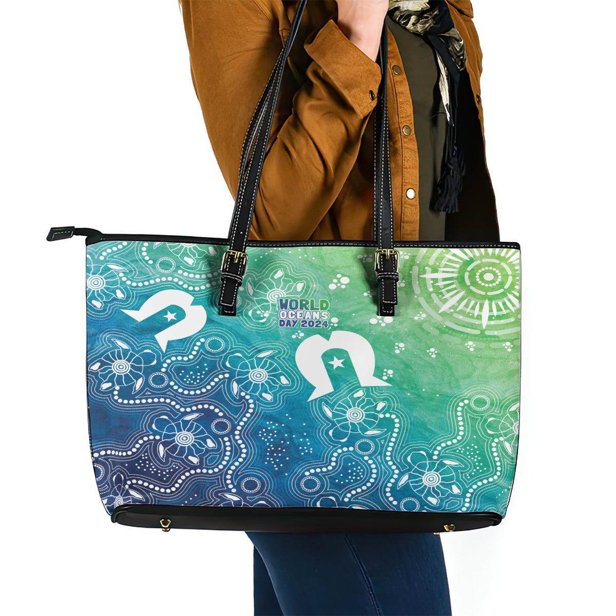 Australia Aboriginal Style Leather Tote Bag World Ocean Day