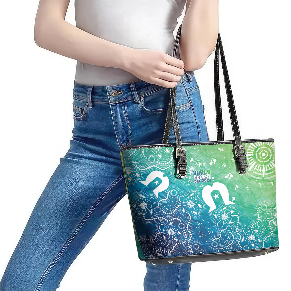 Australia Aboriginal Style Leather Tote Bag World Ocean Day