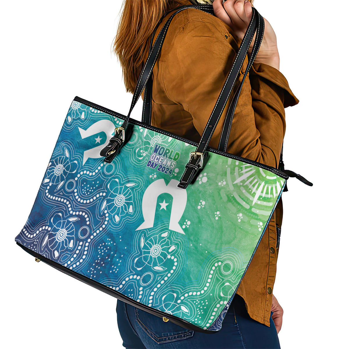 Australia Aboriginal Style Leather Tote Bag World Ocean Day