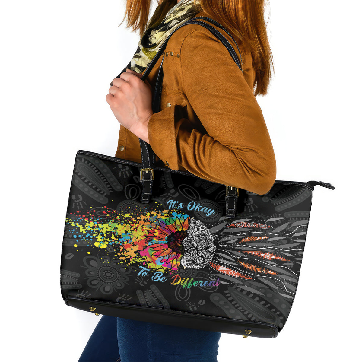 Australia Aboriginal Leather Tote Bag Autism It's Okay To Be Different