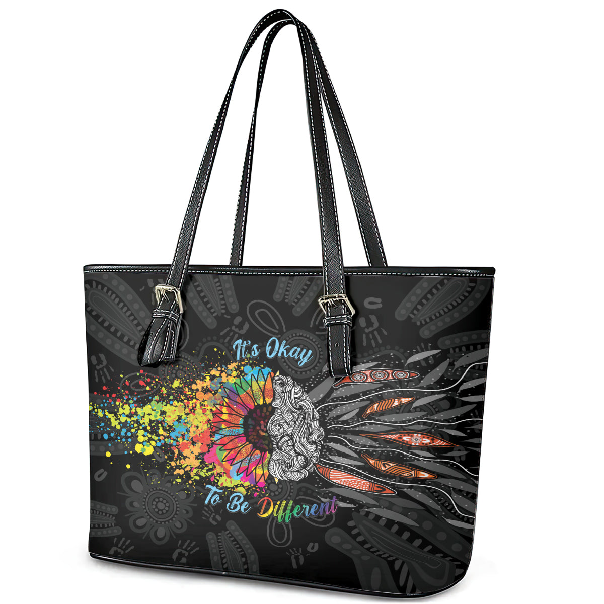 Australia Aboriginal Leather Tote Bag Autism It's Okay To Be Different