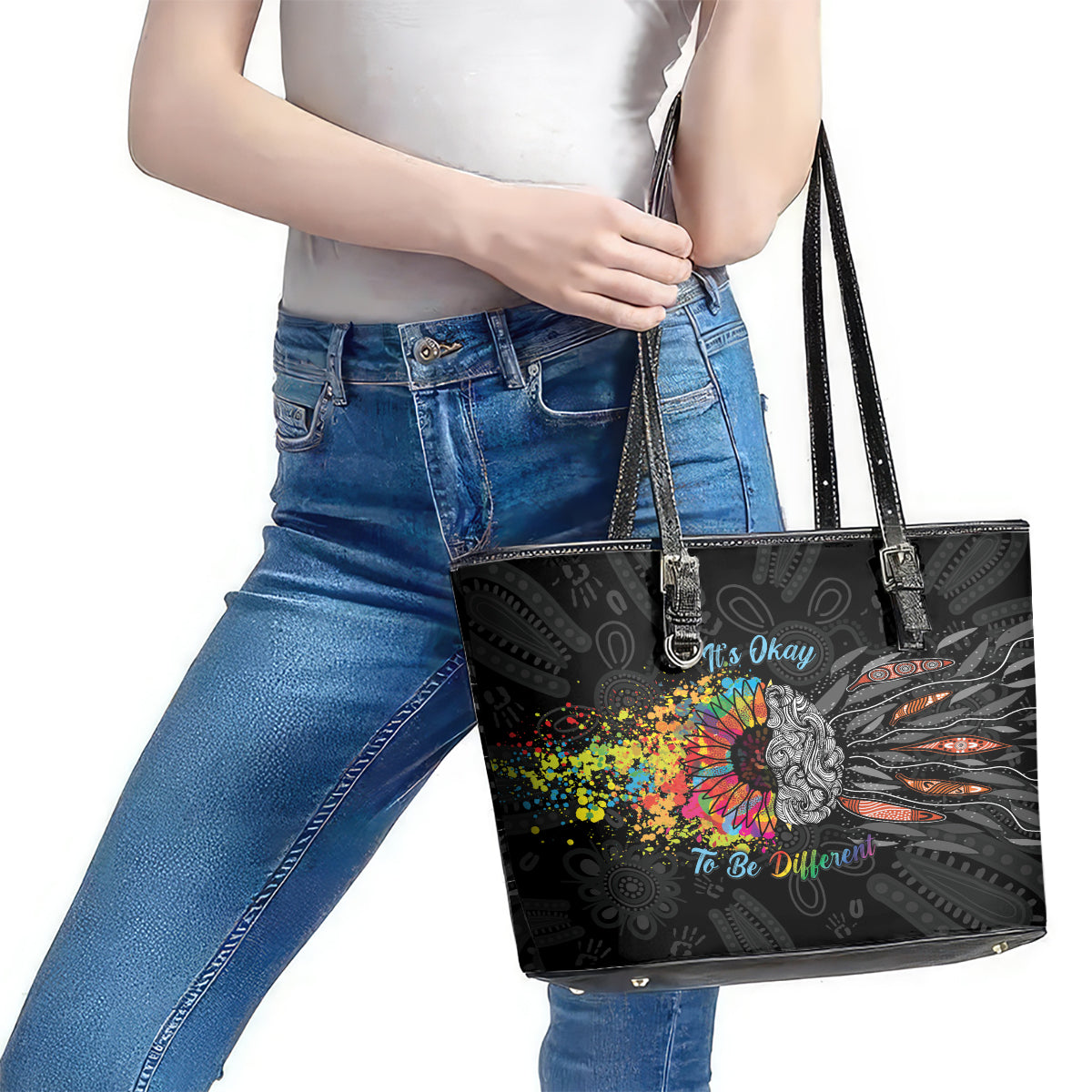 Australia Aboriginal Leather Tote Bag Autism It's Okay To Be Different