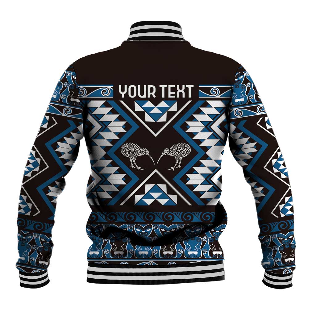 Personalised Taniko Motifs Aotearoa Baseball Jacket Waitangi Kowhaiwhai Kiwi - Blue