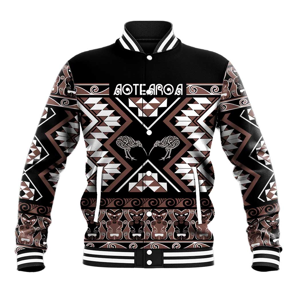 Personalised Taniko Motifs Aotearoa Baseball Jacket Waitangi Kowhaiwhai Kiwi - Mocha