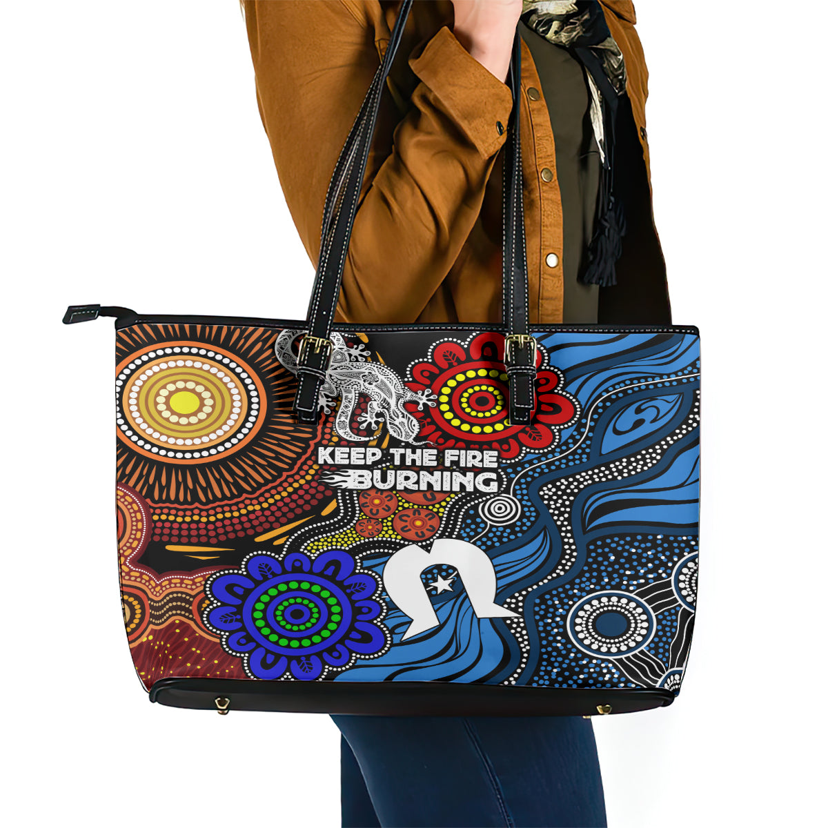 NAIDOC Week 2024 Indigenous Leather Tote Bag Keep The Fire Burning