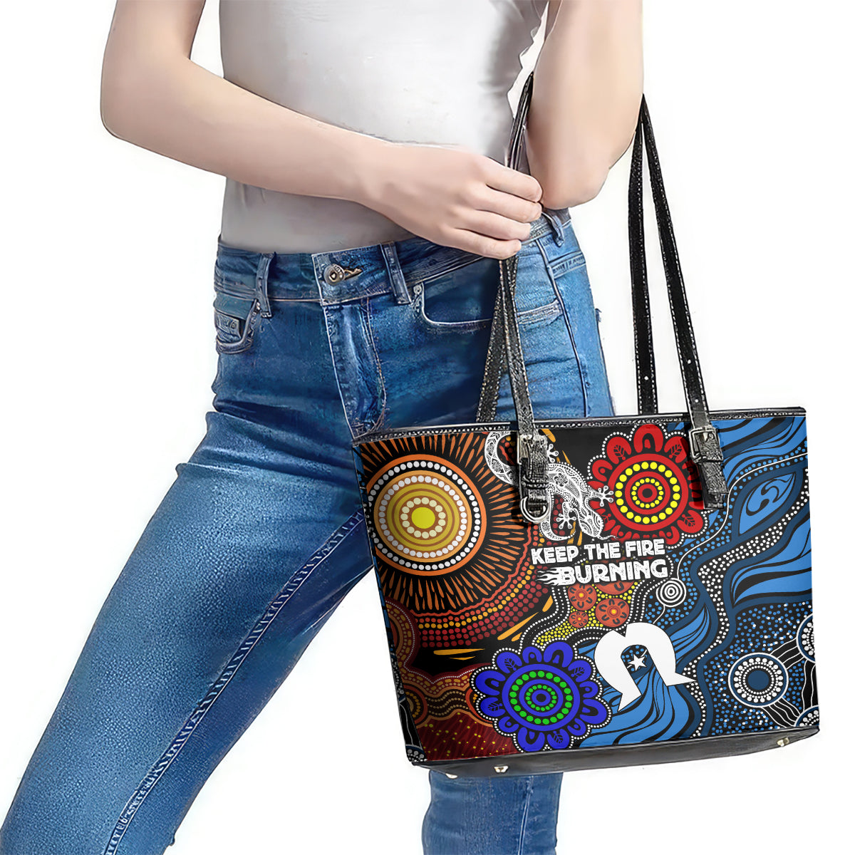 NAIDOC Week 2024 Indigenous Leather Tote Bag Keep The Fire Burning