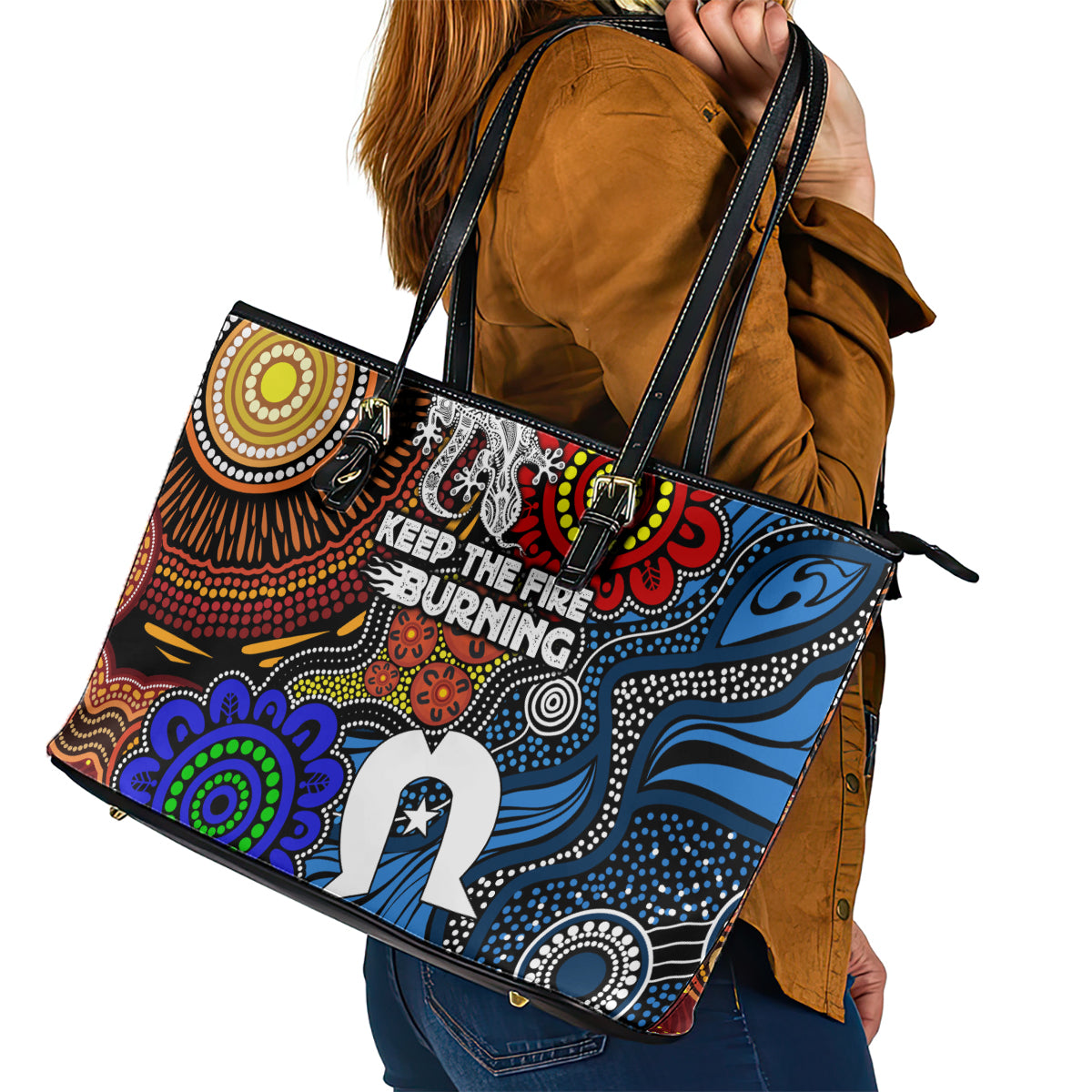 NAIDOC Week 2024 Indigenous Leather Tote Bag Keep The Fire Burning