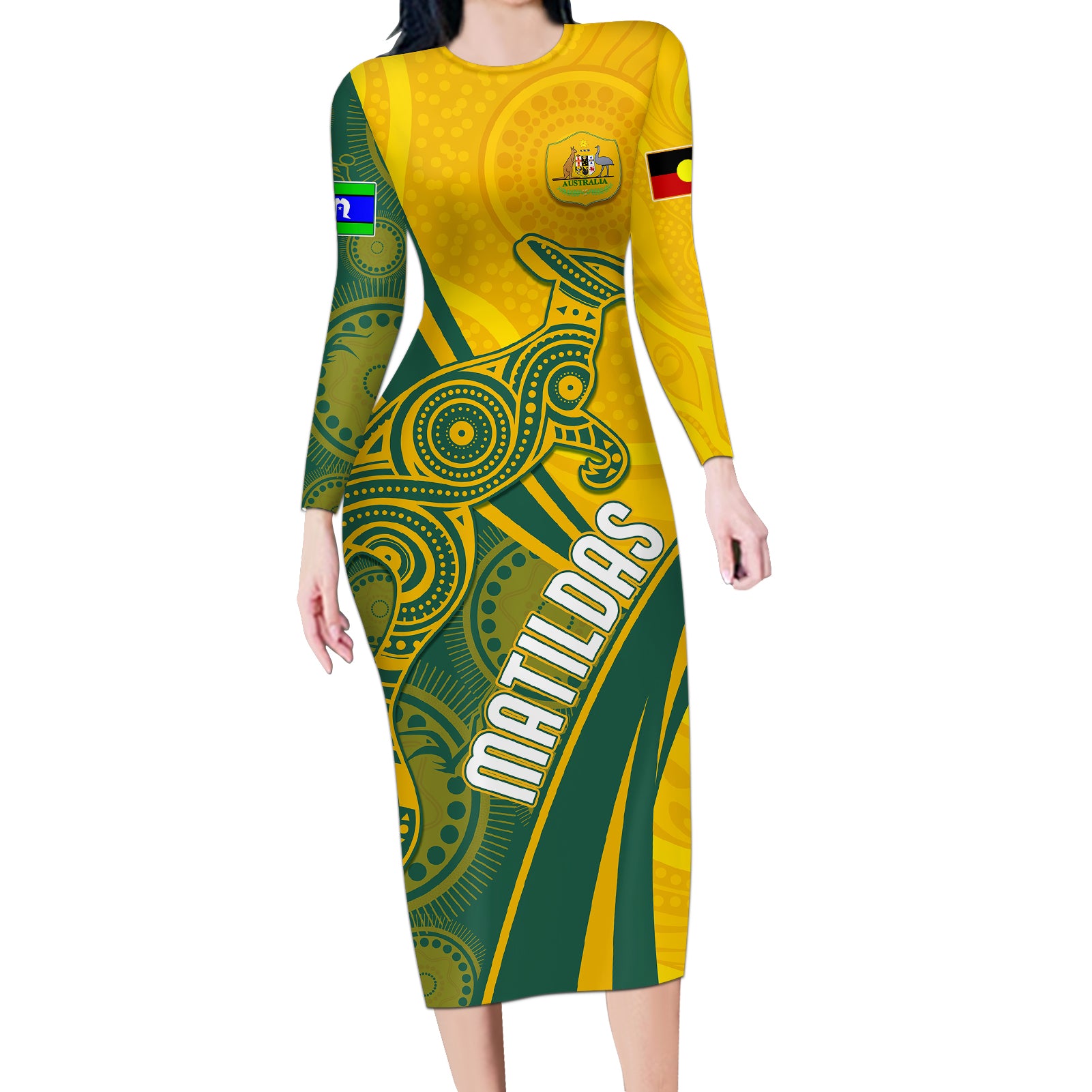 personalised-australia-soccer-matildas-indigenous-long-sleeve-bodycon-dress-world-cup-2023