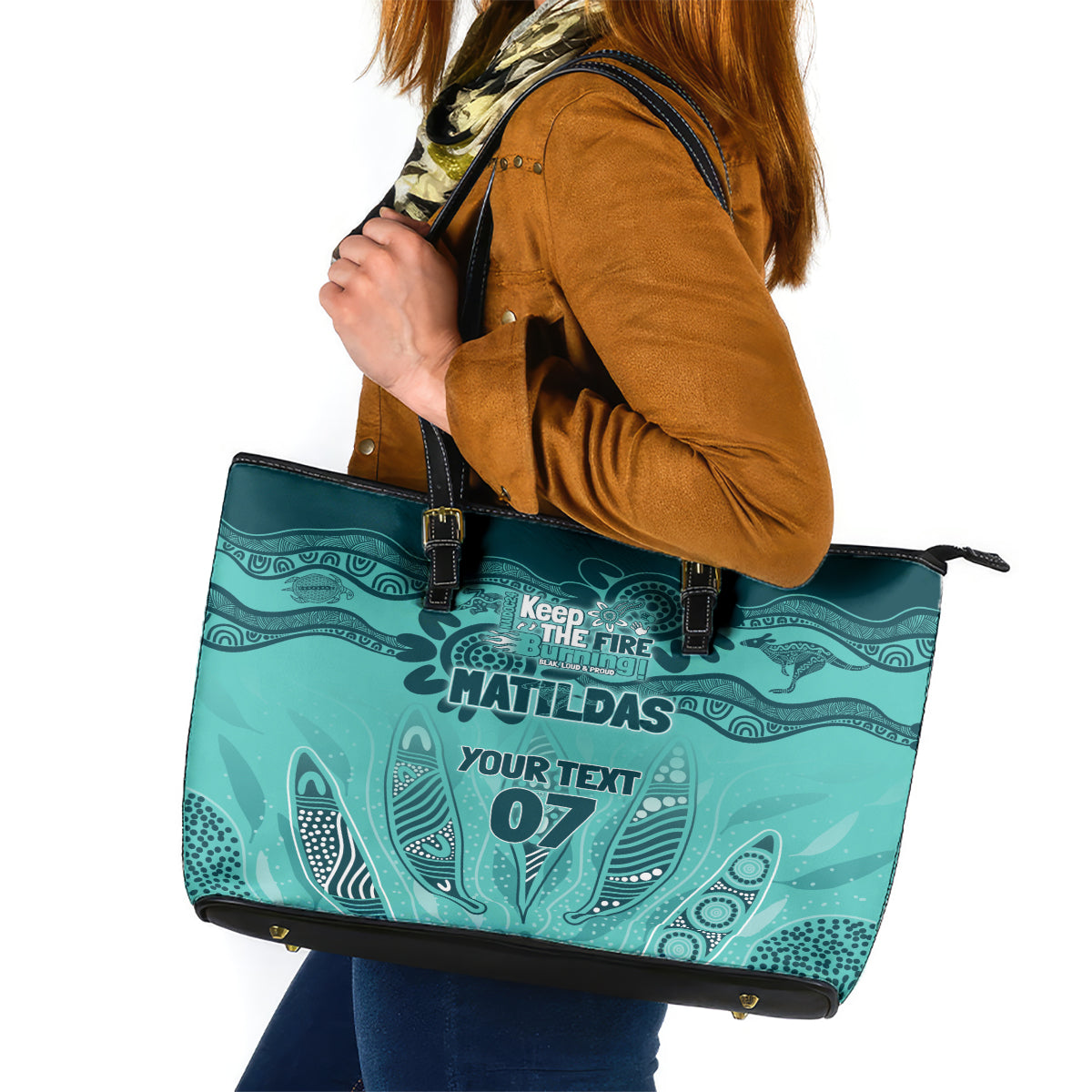 Australia Matildas Indigenous Leather Tote Bag NAIDOC 2024 Turquoise Color