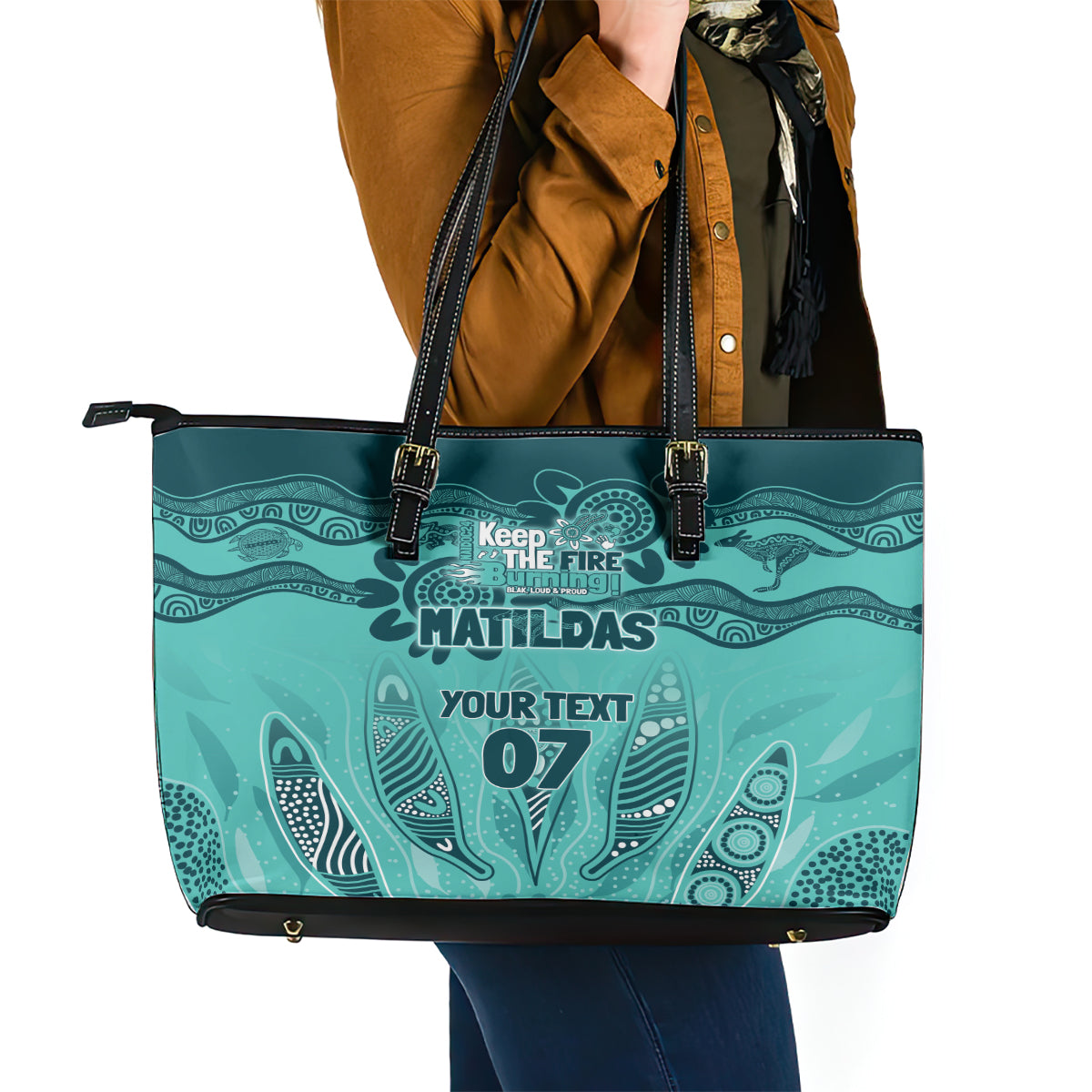 Australia Matildas Indigenous Leather Tote Bag NAIDOC 2024 Turquoise Color