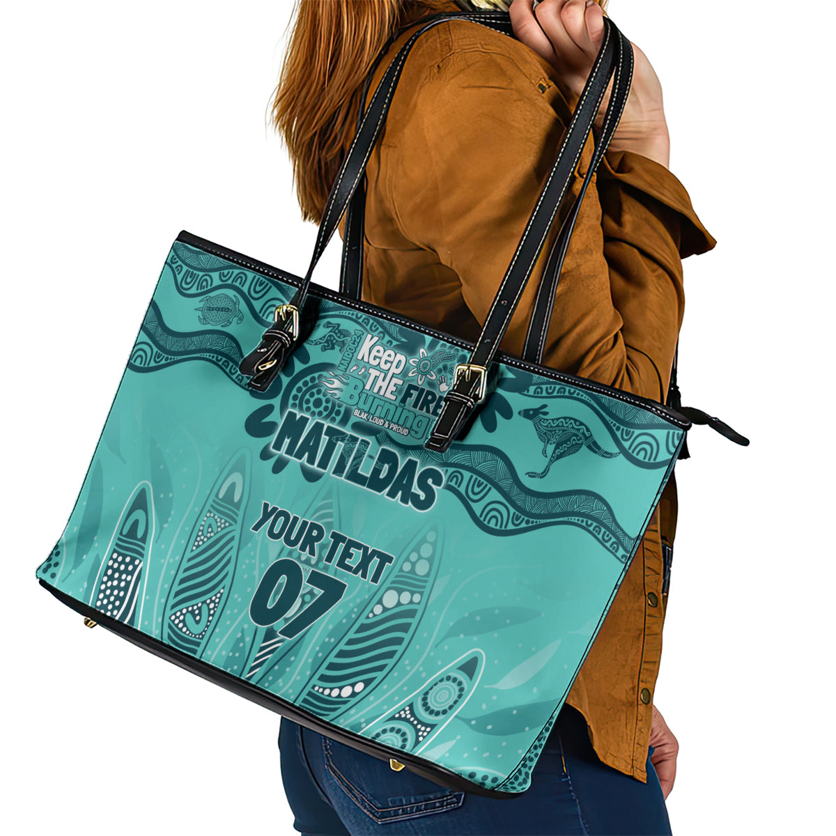 Australia Matildas Indigenous Leather Tote Bag NAIDOC 2024 Turquoise Color