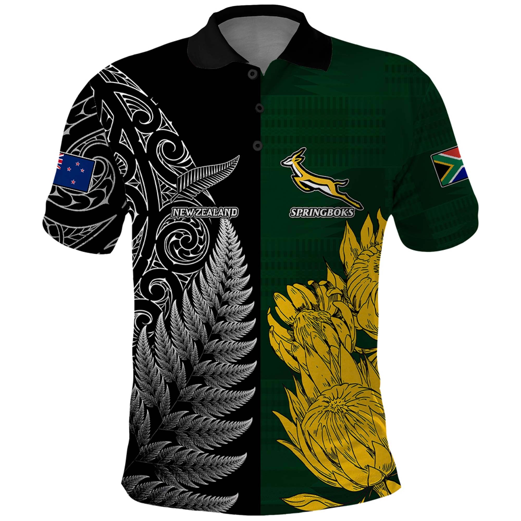 Personalised New Zealand Mix South Africa Rugby Polo Shirt Protea Vs. Silver Ferns LT7