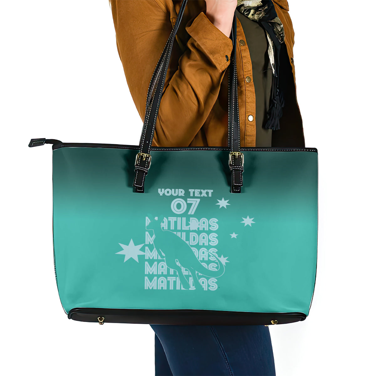 Australia Soccer Matildas Custom Leather Tote Bag Turquoise Basic Gradient