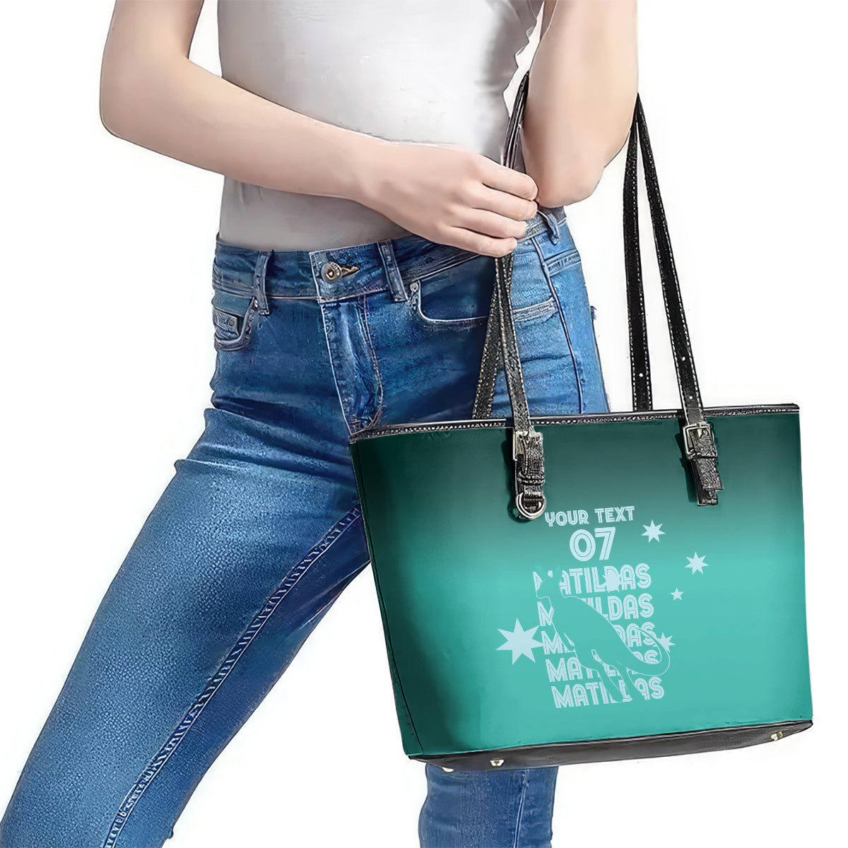 Australia Soccer Matildas Custom Leather Tote Bag Turquoise Basic Gradient