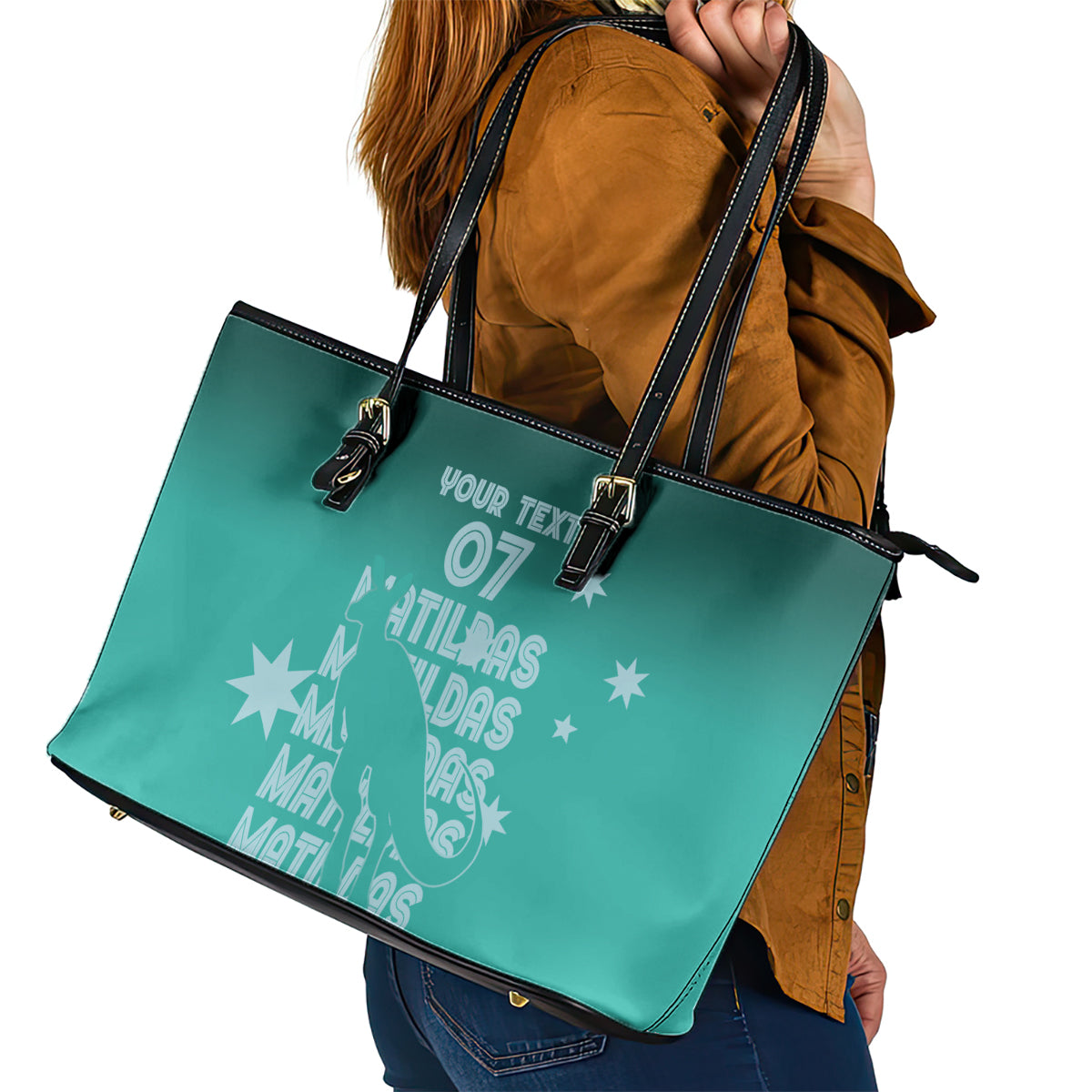 Australia Soccer Matildas Custom Leather Tote Bag Turquoise Basic Gradient