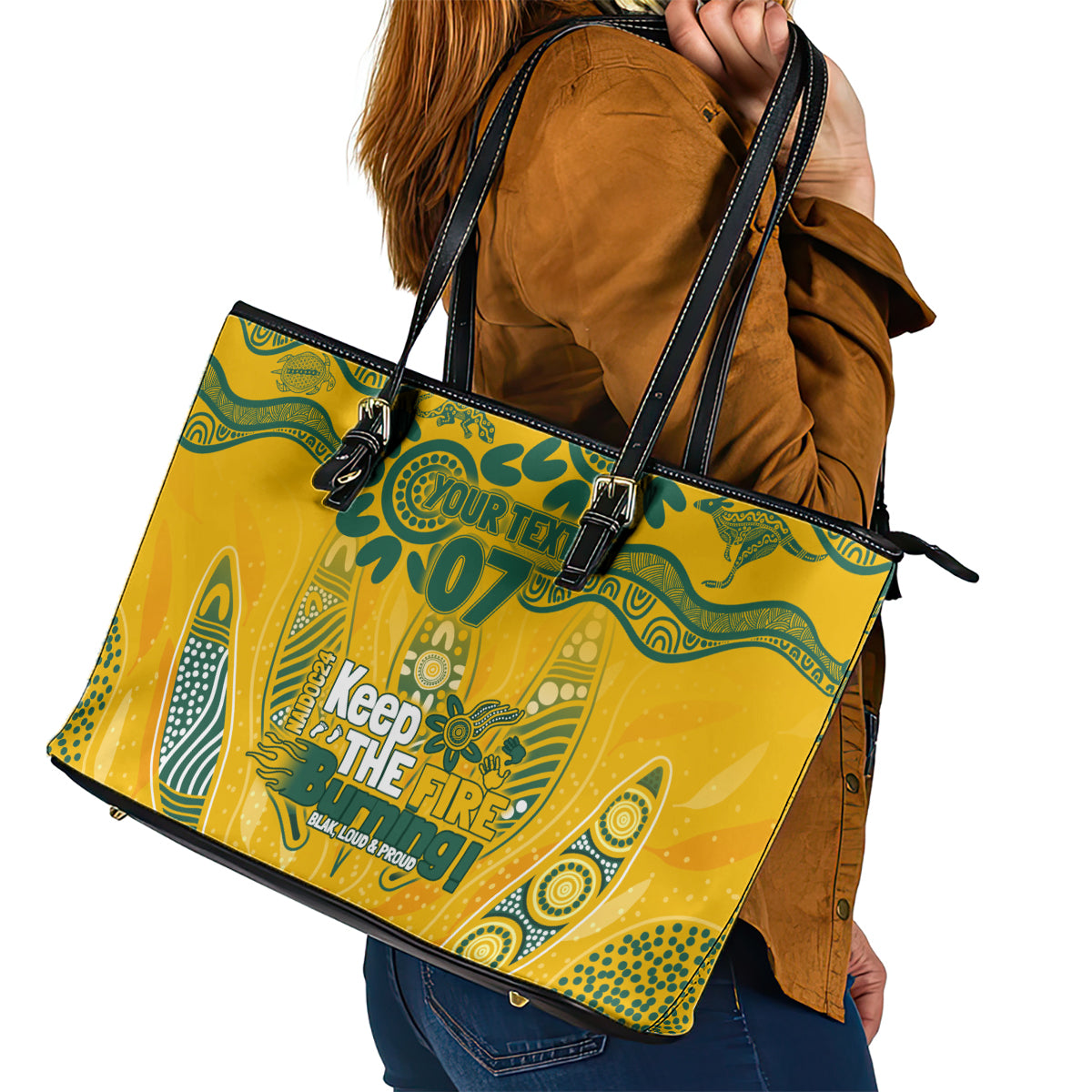 Custom Socceroos NAIDOC Week 2024 Leather Tote Bag Indigenous Burning Fire National Colors