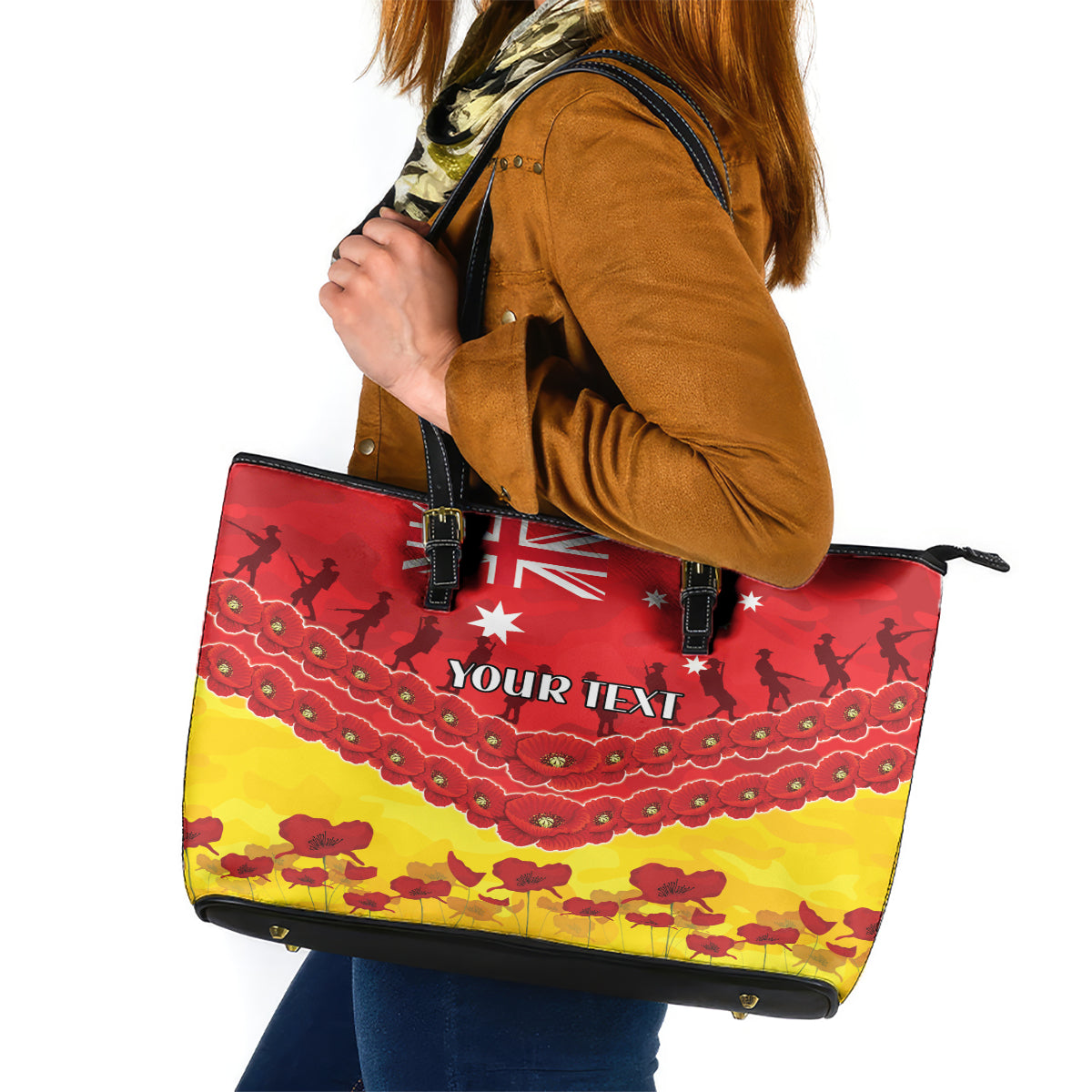 Custom Sun Football Leather Tote Bag ANZAC Lest We Forget