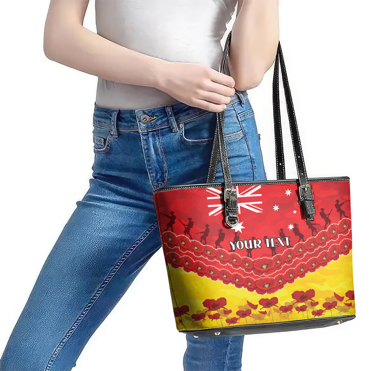 Custom Sun Football Leather Tote Bag ANZAC Lest We Forget