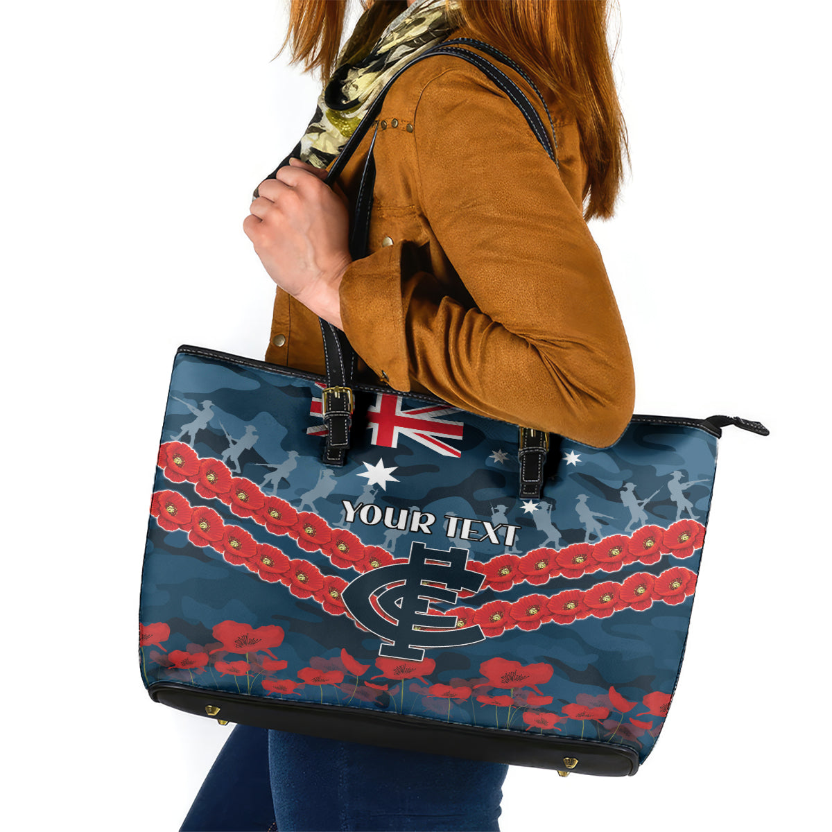 Custom Blues Football Leather Tote Bag ANZAC Lest We Forget