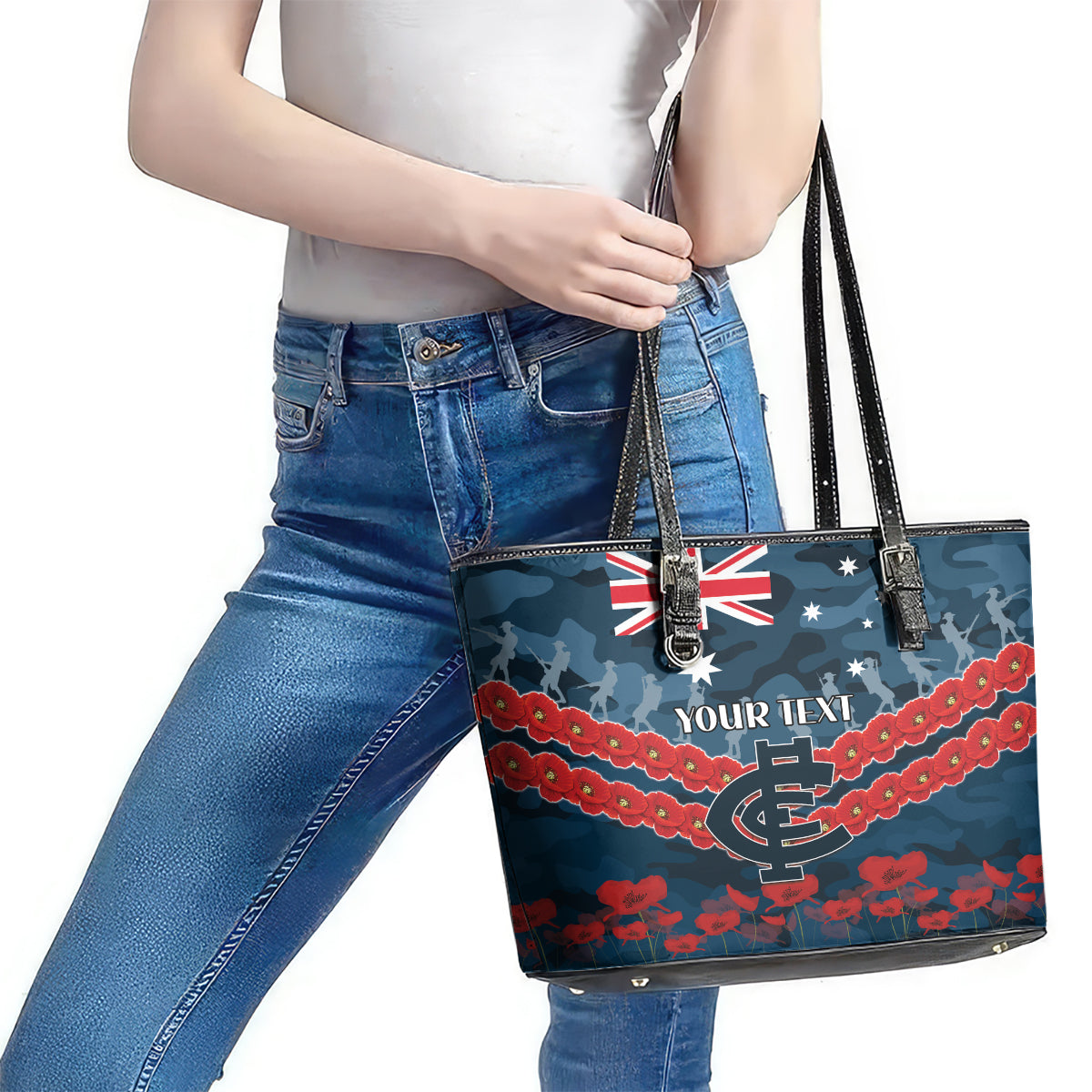 Custom Blues Football Leather Tote Bag ANZAC Lest We Forget