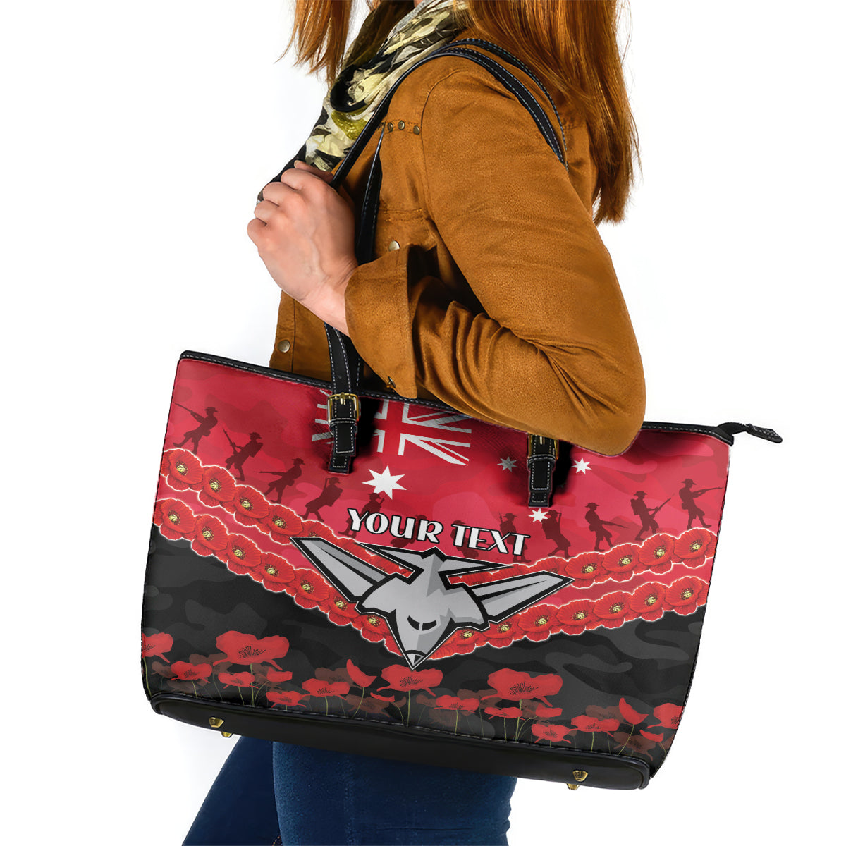 Custom Bombers Football Leather Tote Bag ANZAC Lest We Forget