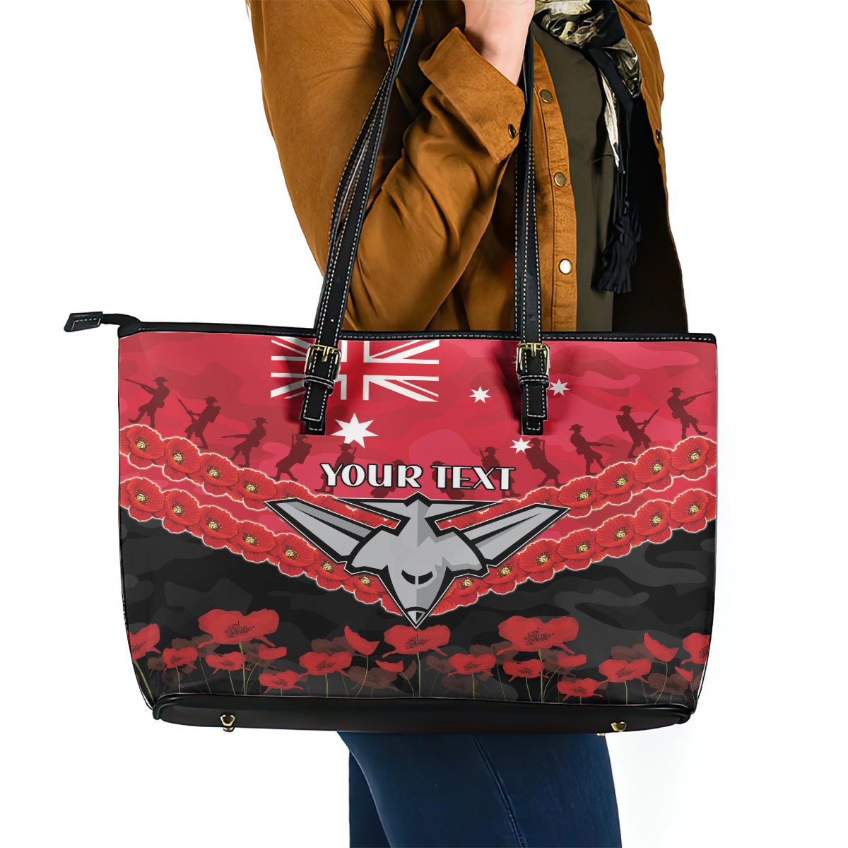 Custom Bombers Football Leather Tote Bag ANZAC Lest We Forget