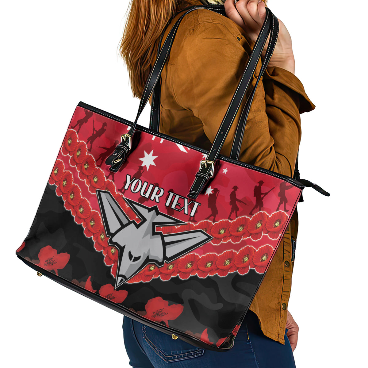 Custom Bombers Football Leather Tote Bag ANZAC Lest We Forget