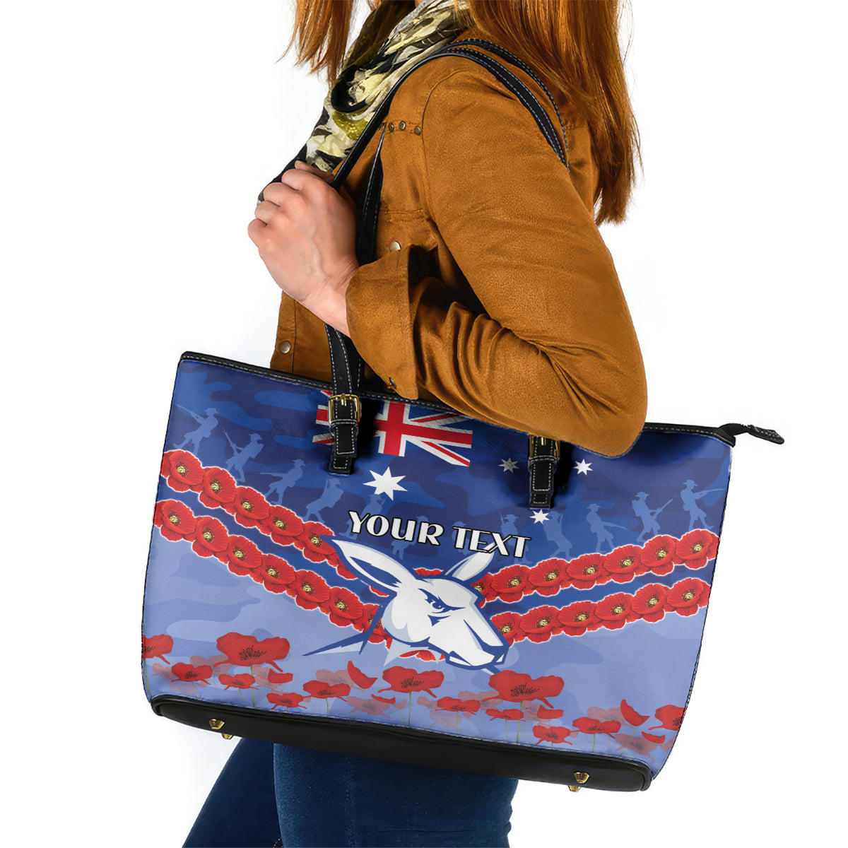 Custom Kangaroos Football Leather Tote Bag ANZAC Lest We Forget