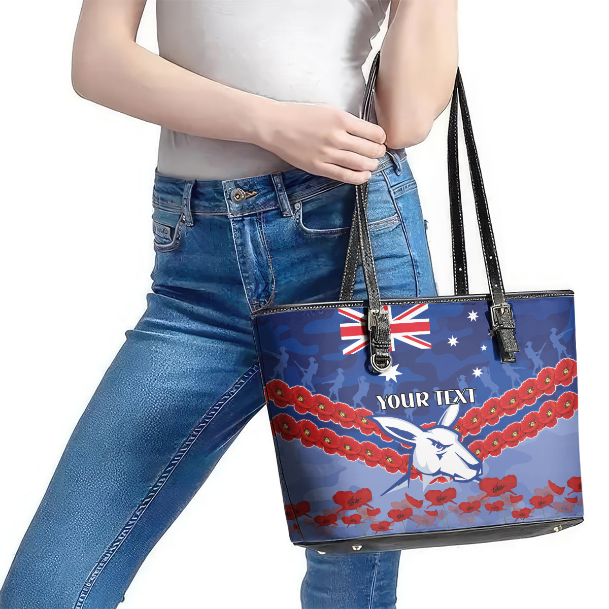 Custom Kangaroos Football Leather Tote Bag ANZAC Lest We Forget