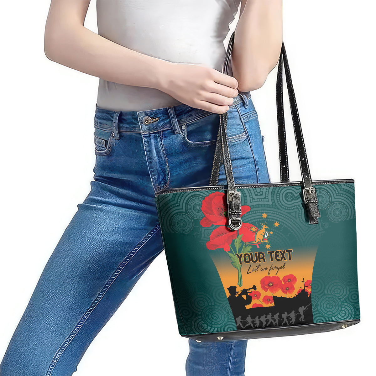 Custom Wallaroos Rugby ANZAC Leather Tote Bag Poppy Soldier With Aboriginal Dots Art