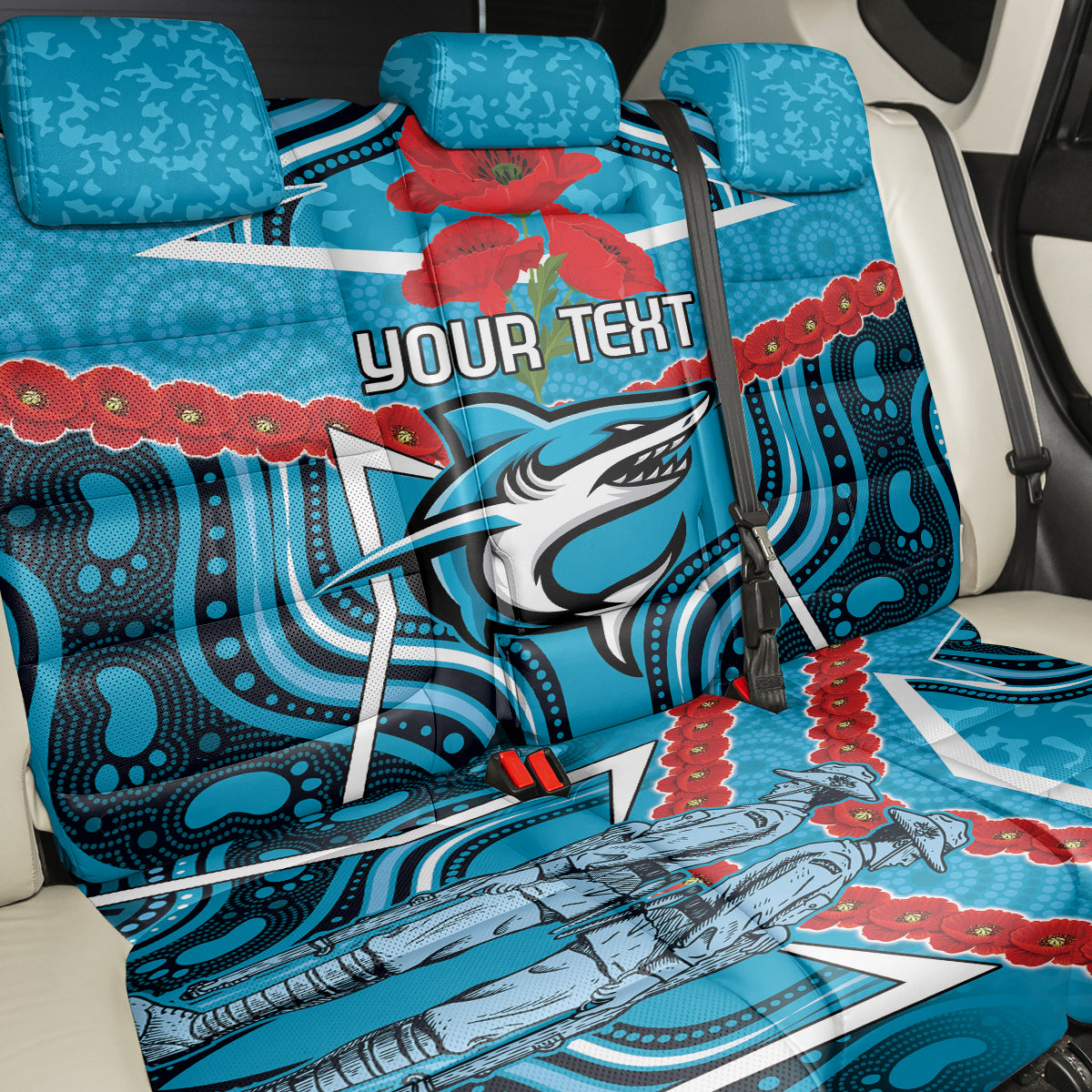 Custom Sharks Rugby ANZAC Back Car Seat Cover Gallipoli Soldier With Aboriginal Art