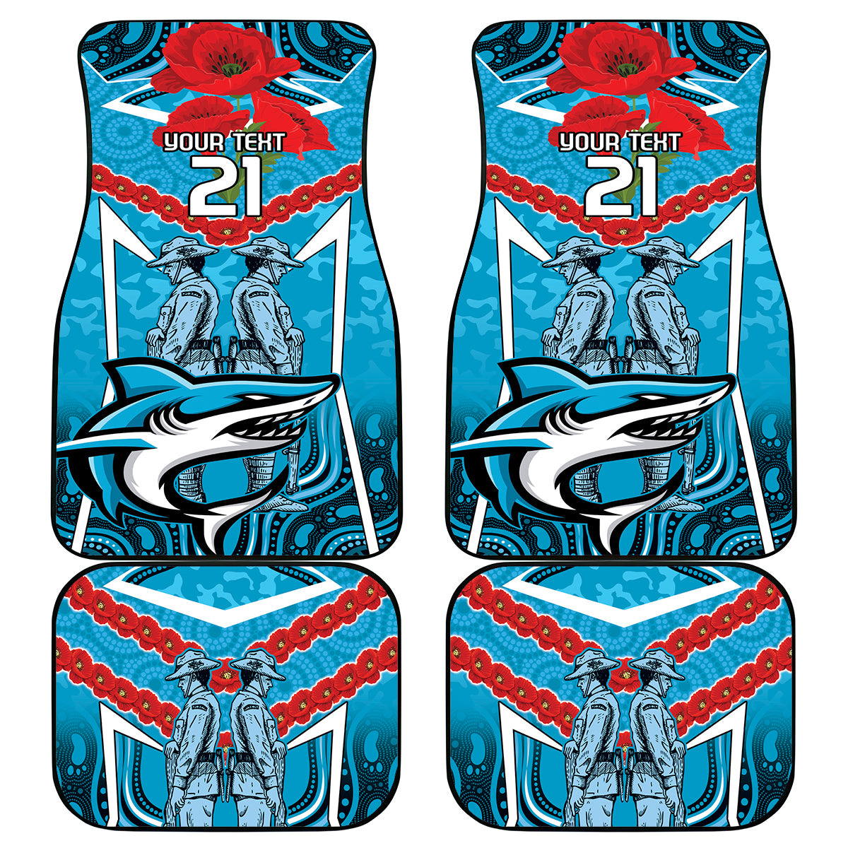 Custom Sharks Rugby ANZAC Car Mats Gallipoli Soldier With Aboriginal Art