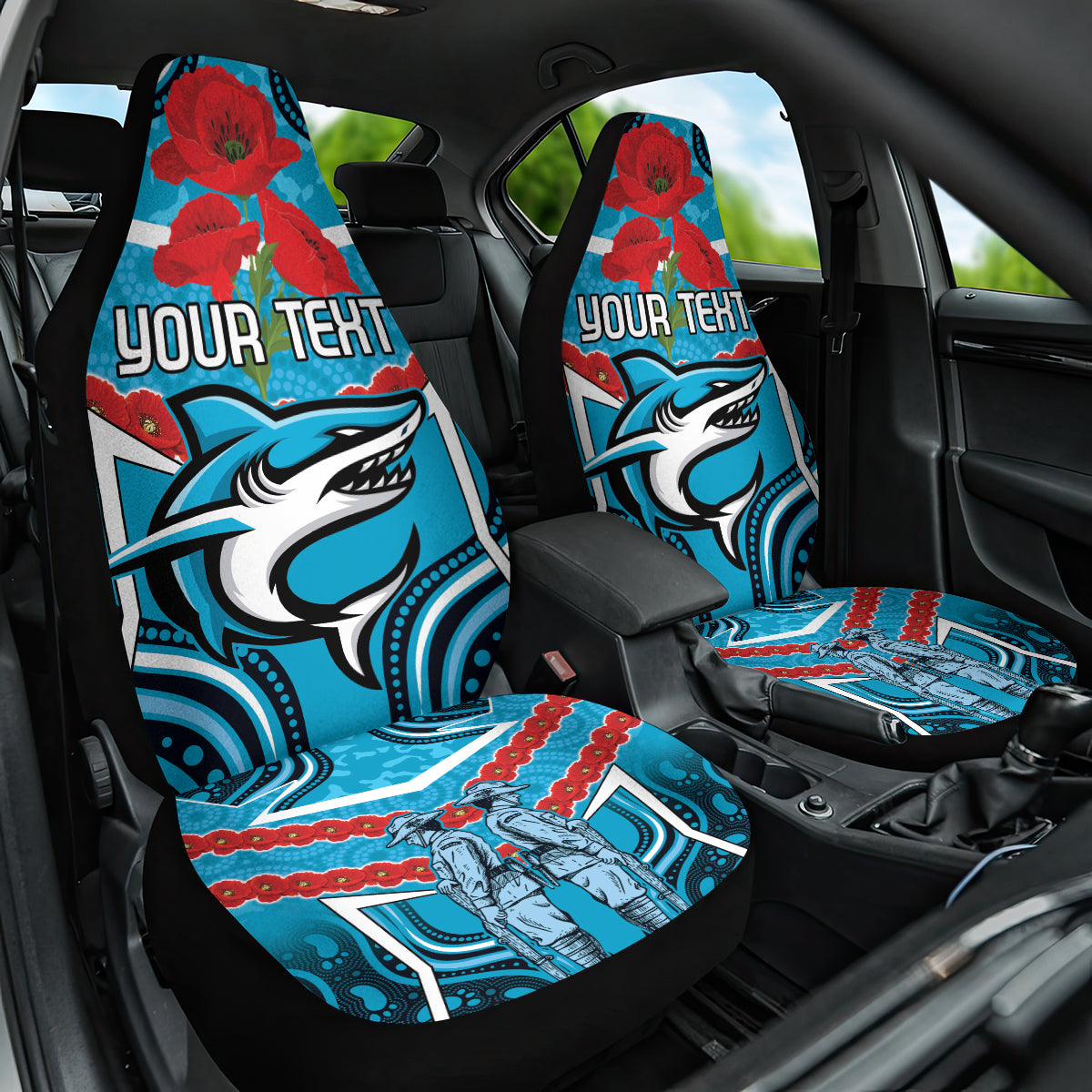 Custom Sharks Rugby ANZAC Car Seat Cover Gallipoli Soldier With Aboriginal Art