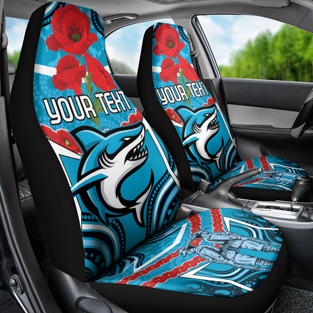 Custom Sharks Rugby ANZAC Car Seat Cover Gallipoli Soldier With Aboriginal Art