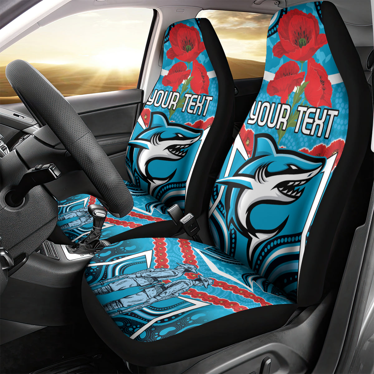 Custom Sharks Rugby ANZAC Car Seat Cover Gallipoli Soldier With Aboriginal Art