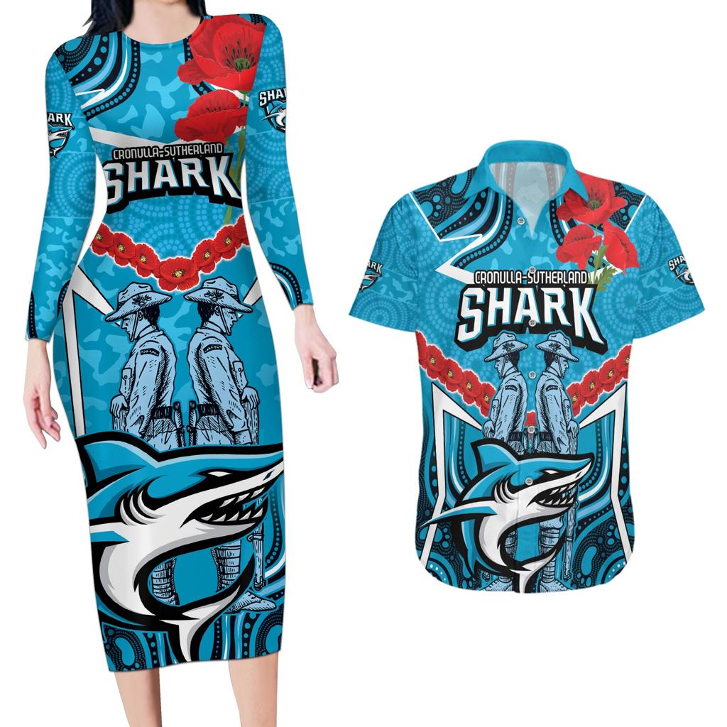 Custom Sharks Rugby ANZAC Couples Matching Long Sleeve Bodycon Dress and Hawaiian Shirt Gallipoli Soldier With Aboriginal Art