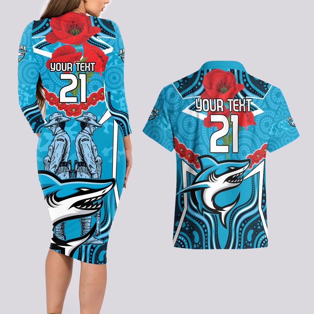 Custom Sharks Rugby ANZAC Couples Matching Long Sleeve Bodycon Dress and Hawaiian Shirt Gallipoli Soldier With Aboriginal Art