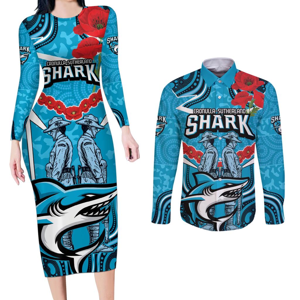 Custom Sharks Rugby ANZAC Couples Matching Long Sleeve Bodycon Dress and Long Sleeve Button Shirt Gallipoli Soldier With Aboriginal Art