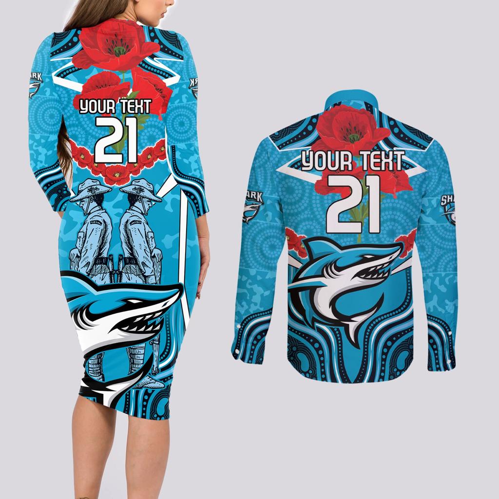 Custom Sharks Rugby ANZAC Couples Matching Long Sleeve Bodycon Dress and Long Sleeve Button Shirt Gallipoli Soldier With Aboriginal Art