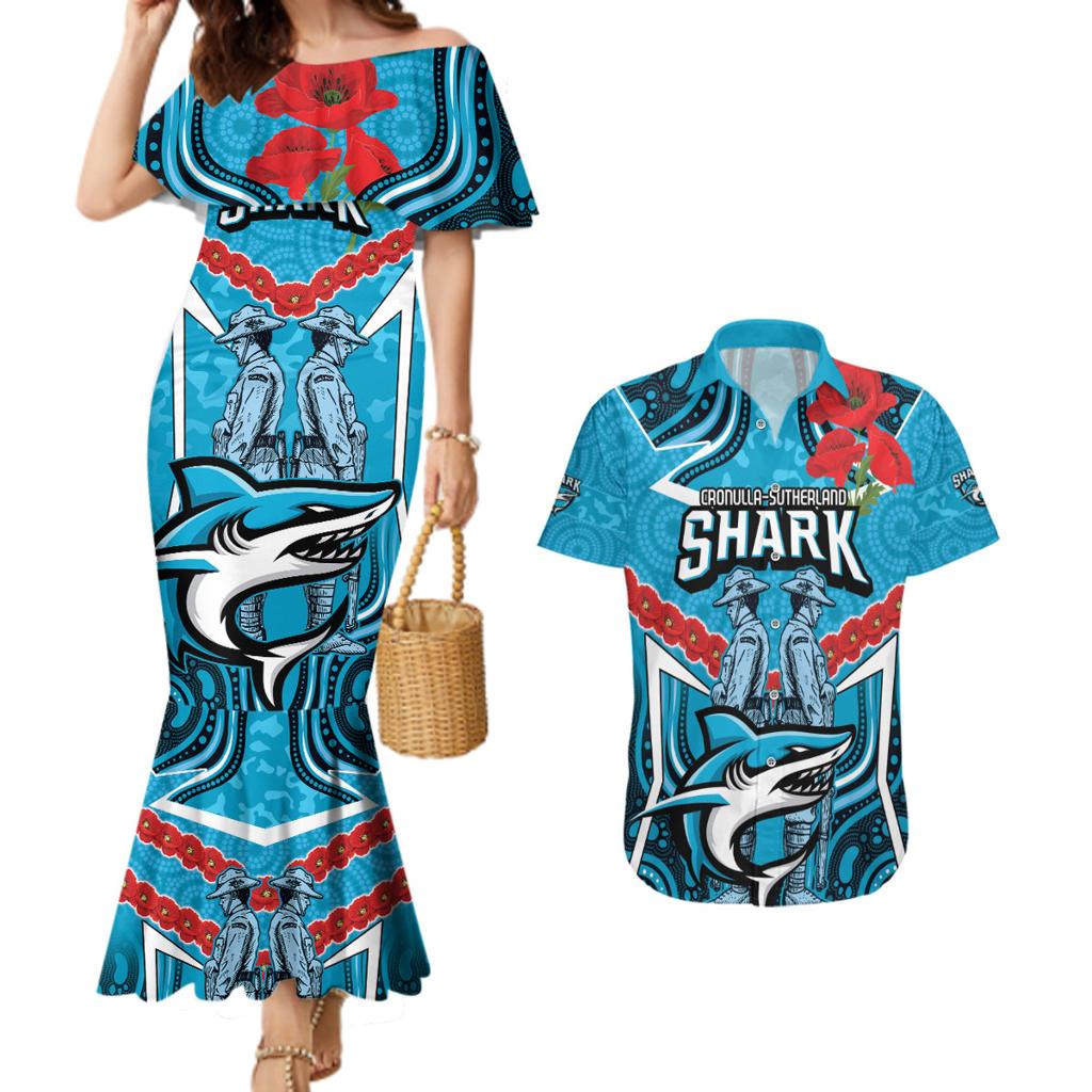 Custom Sharks Rugby ANZAC Couples Matching Mermaid Dress and Hawaiian Shirt Gallipoli Soldier With Aboriginal Art