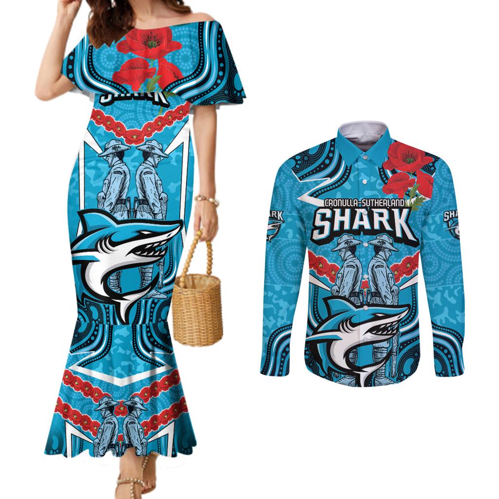 Custom Sharks Rugby ANZAC Couples Matching Mermaid Dress and Long Sleeve Button Shirt Gallipoli Soldier With Aboriginal Art