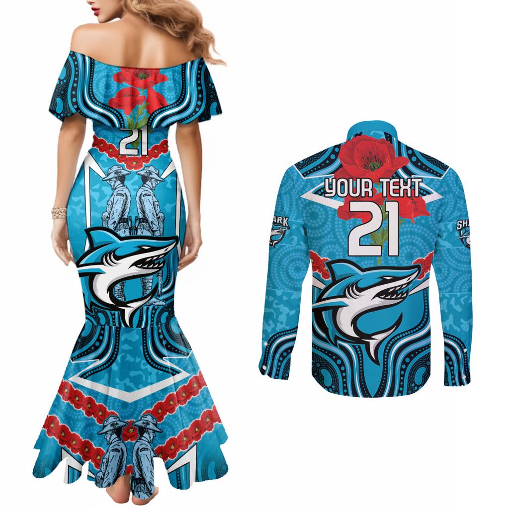 Custom Sharks Rugby ANZAC Couples Matching Mermaid Dress and Long Sleeve Button Shirt Gallipoli Soldier With Aboriginal Art