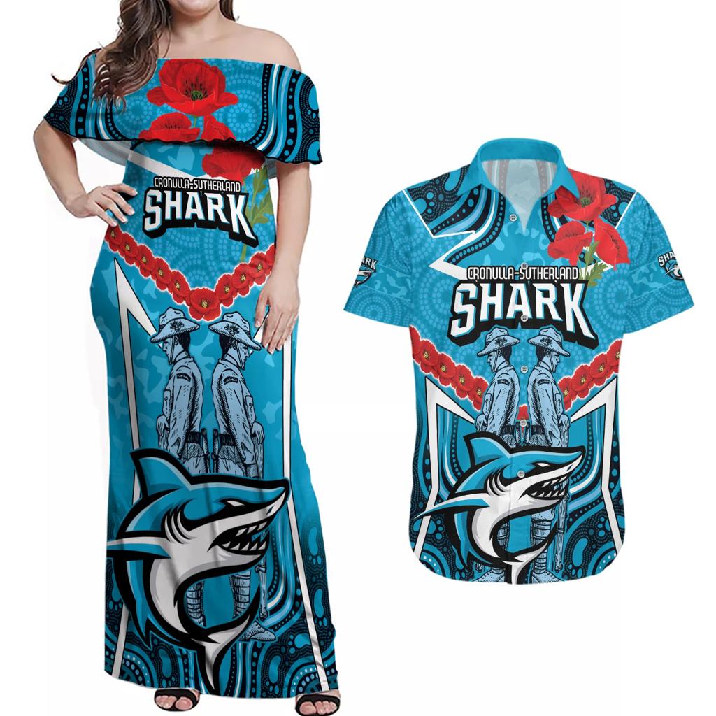 Custom Sharks Rugby ANZAC Couples Matching Off Shoulder Maxi Dress and Hawaiian Shirt Gallipoli Soldier With Aboriginal Art