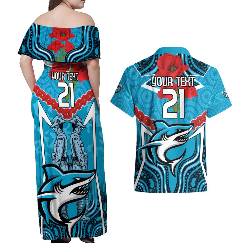 Custom Sharks Rugby ANZAC Couples Matching Off Shoulder Maxi Dress and Hawaiian Shirt Gallipoli Soldier With Aboriginal Art