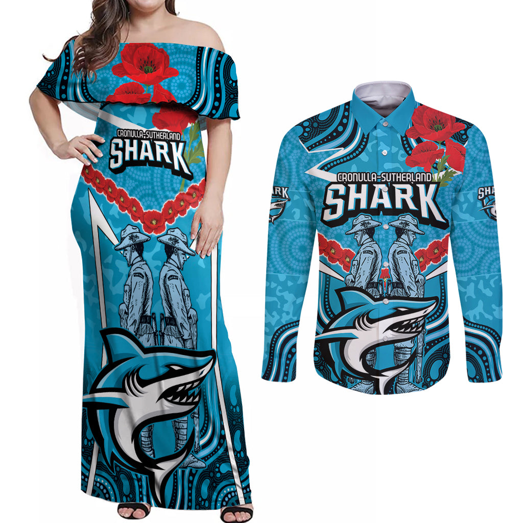 Custom Sharks Rugby ANZAC Couples Matching Off Shoulder Maxi Dress and Long Sleeve Button Shirt Gallipoli Soldier With Aboriginal Art