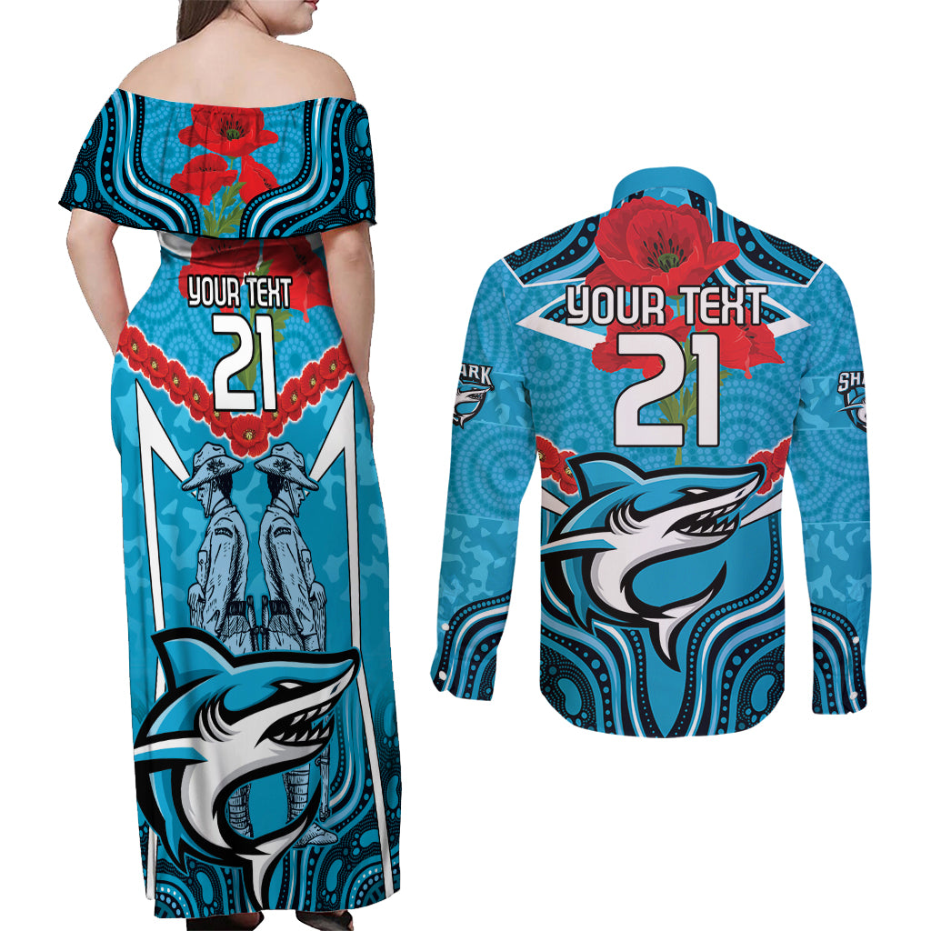 Custom Sharks Rugby ANZAC Couples Matching Off Shoulder Maxi Dress and Long Sleeve Button Shirt Gallipoli Soldier With Aboriginal Art