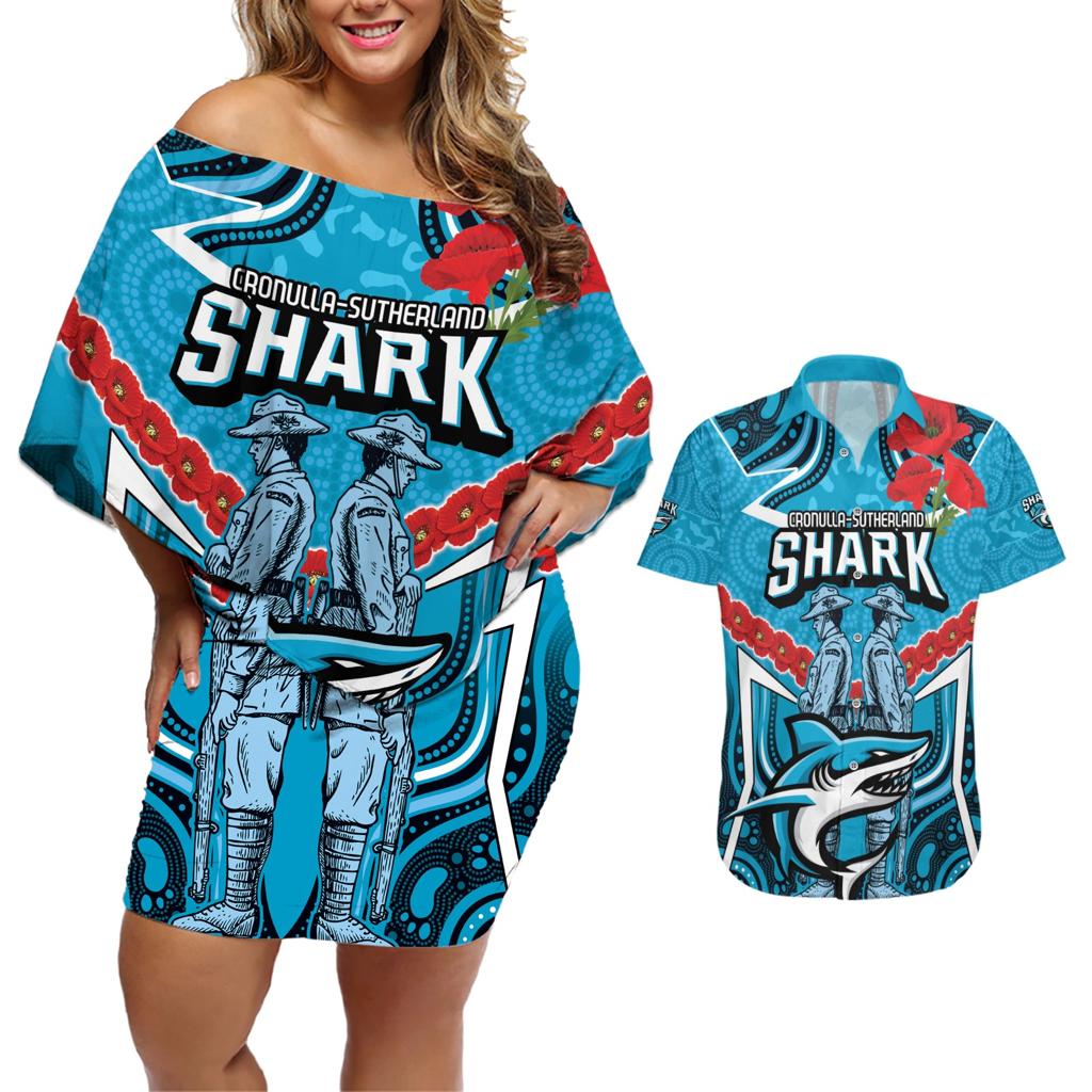 Custom Sharks Rugby ANZAC Couples Matching Off Shoulder Short Dress and Hawaiian Shirt Gallipoli Soldier With Aboriginal Art