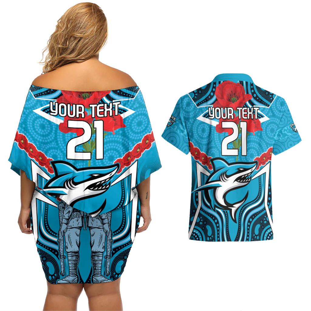 Custom Sharks Rugby ANZAC Couples Matching Off Shoulder Short Dress and Hawaiian Shirt Gallipoli Soldier With Aboriginal Art