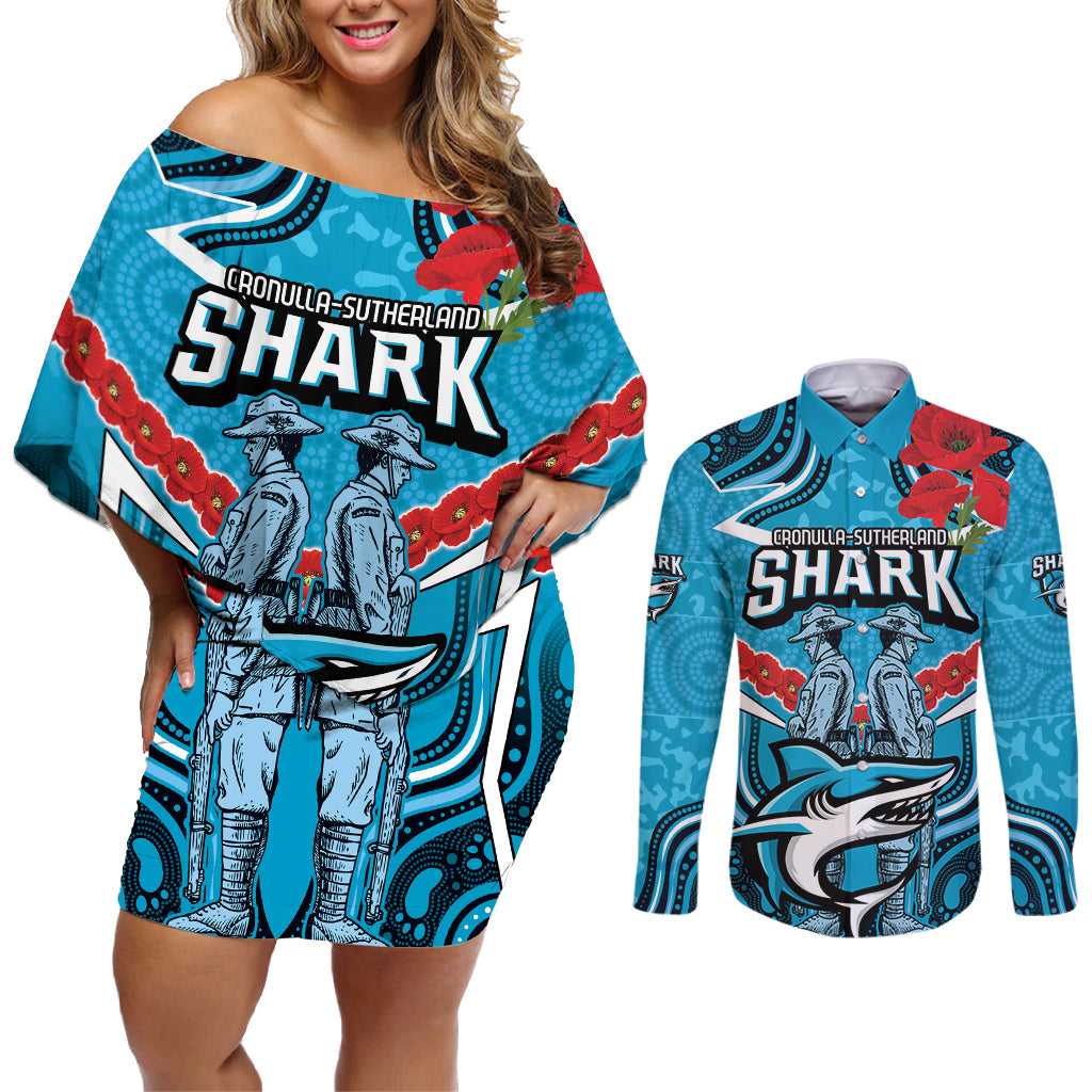 Custom Sharks Rugby ANZAC Couples Matching Off Shoulder Short Dress and Long Sleeve Button Shirt Gallipoli Soldier With Aboriginal Art